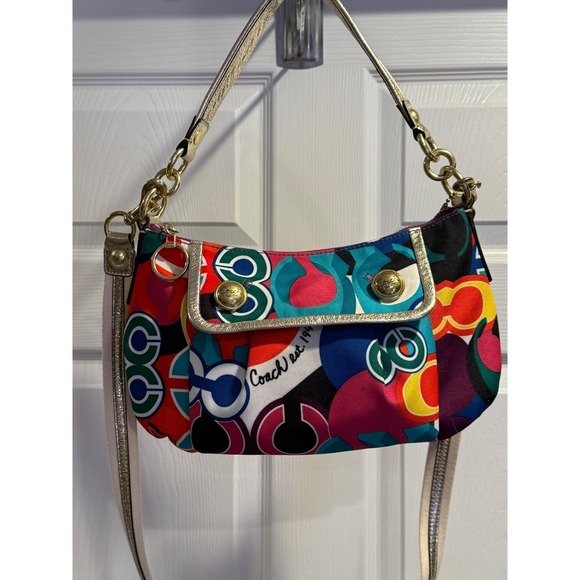 Coach Handbags - Coach Multicolor Op Art Print Canvas Leather Trim Shoulder Bag Purse Gold Chain
